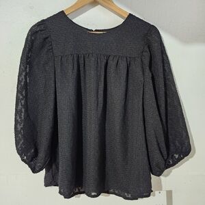 Ophelia Roe‎ NWT Black Sheer Bubble Sleeves Textured Peasant Top Size Small